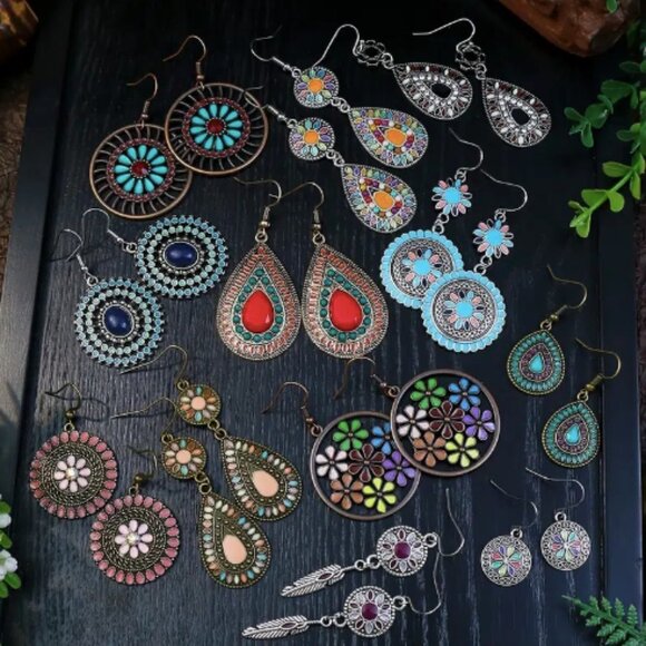 12 Pairs Multicolor Boho Tribal Geometric Drop Earrings - Picture 2 of 8